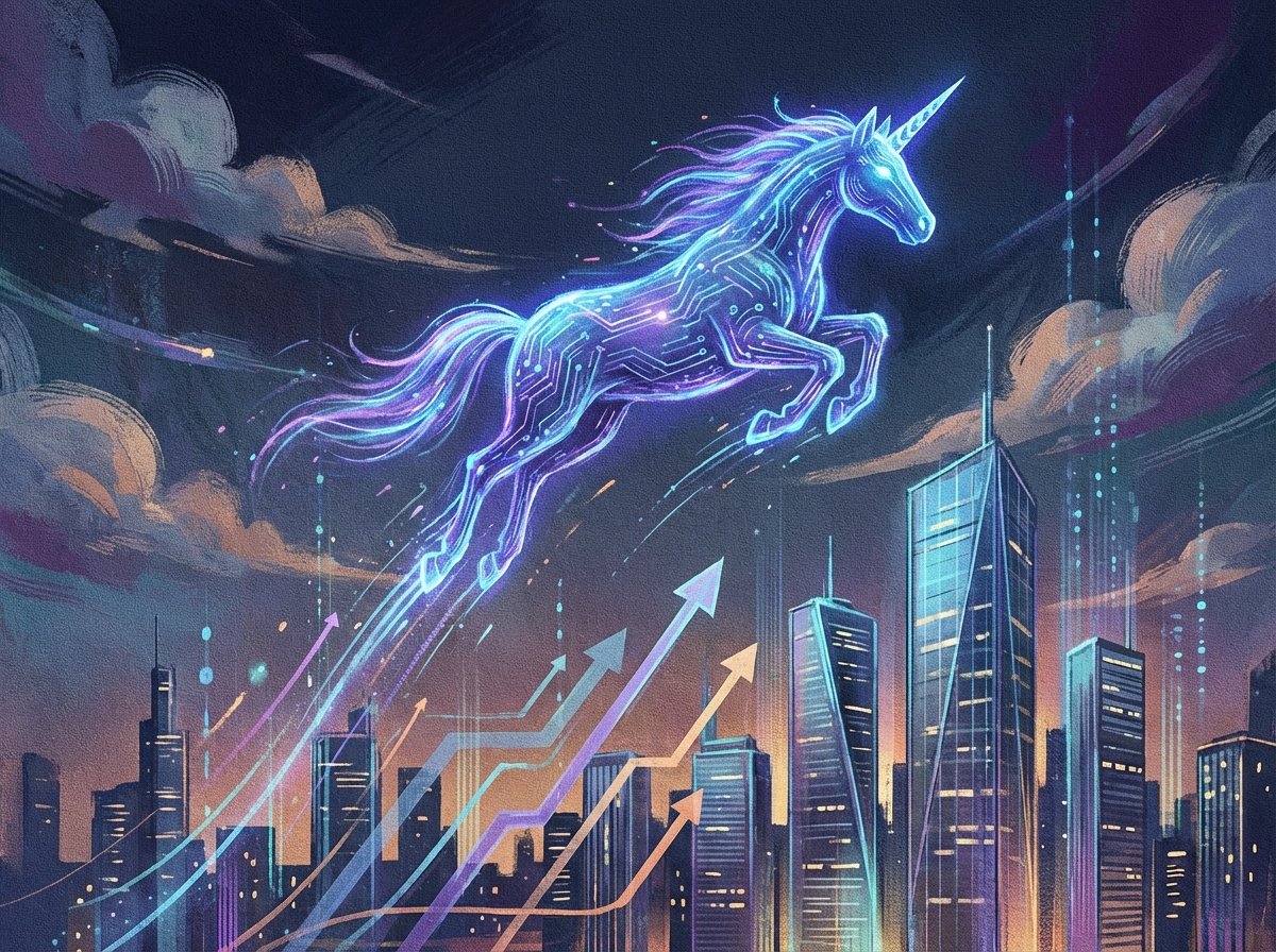 A conceptual illustration of a digital glowing unicorn leaping over a modern city skyline at night, symbolizing rapid startup growth and innovation, artistic rendering, textured background, 4:3 aspect ratio, no visible text