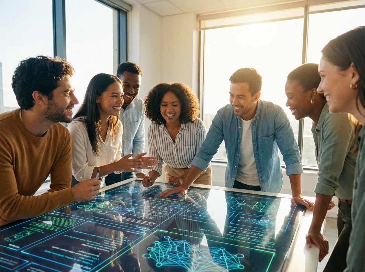 A close-up of a group of young diverse tech entrepreneurs in a bright modern lab collaborating over a transparent screen showing complex code and AI structures, natural sunlight, optimistic atmosphere, 4:3 aspect ratio, no visible text