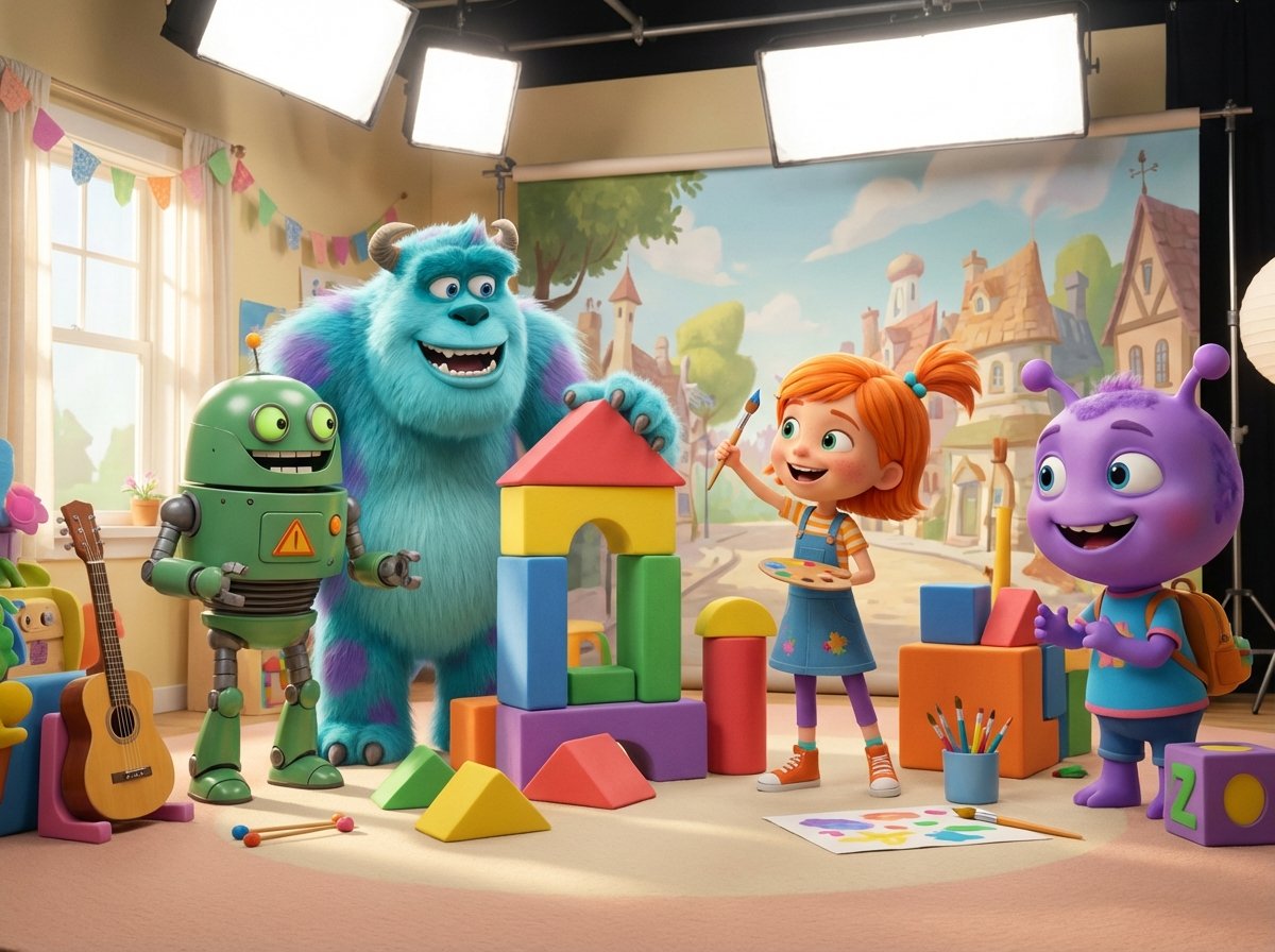 Colorful and vibrant characters from an animated film playing together, cheerful atmosphere, bright studio lighting, detailed composition, 4:3, no text