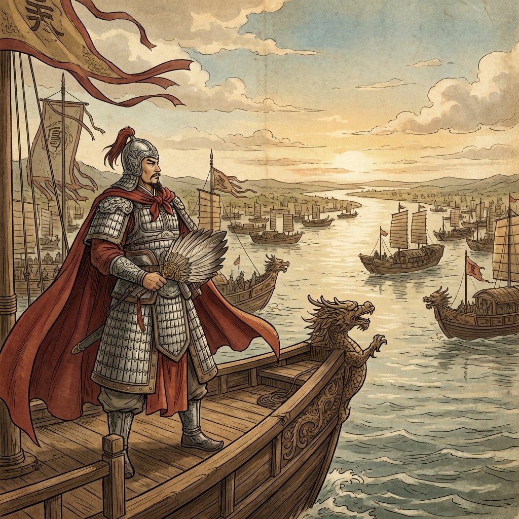A majestic ancient Chinese general Zhou Yu standing on a traditional warship, wearing silver armor and a red cloak, overlooking a vast river with a fleet of ships, cinematic lighting, historical illustration style, high detail, 1:1 aspect ratio, no text.