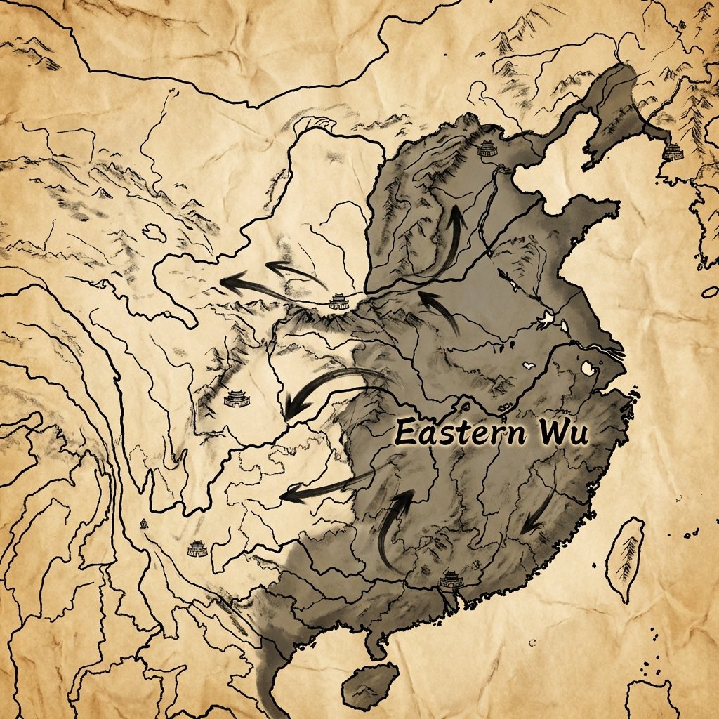 An ancient artistic map of China showing the Eastern Wu dynasty expanding towards the west, parchment texture, traditional ink painting style, warm tones, high contrast, 1:1 aspect ratio, no text.
