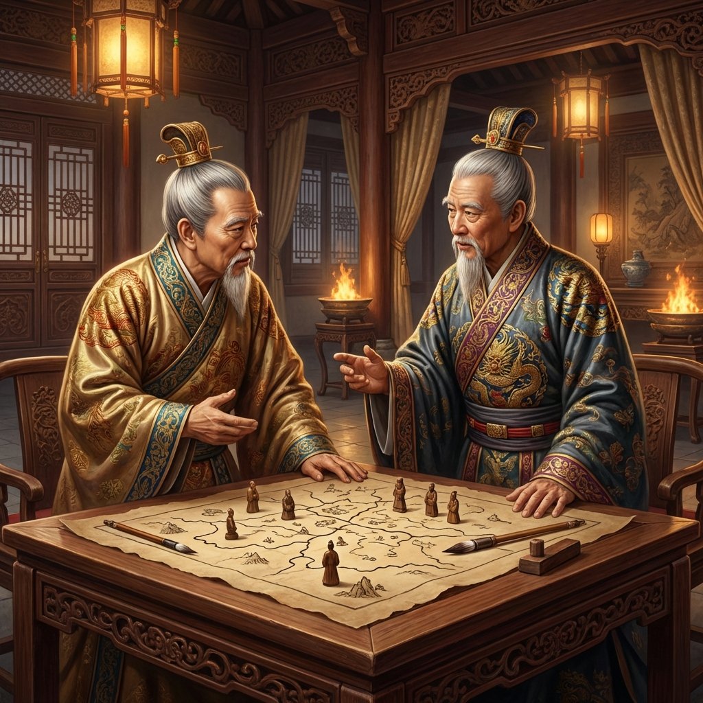 Two ancient Chinese noblemen in embroidered robes discussing over a table with a strategic map, inside a traditional palace, warm ambient lighting, realistic digital art, detailed textures, 1:1 aspect ratio, no text.