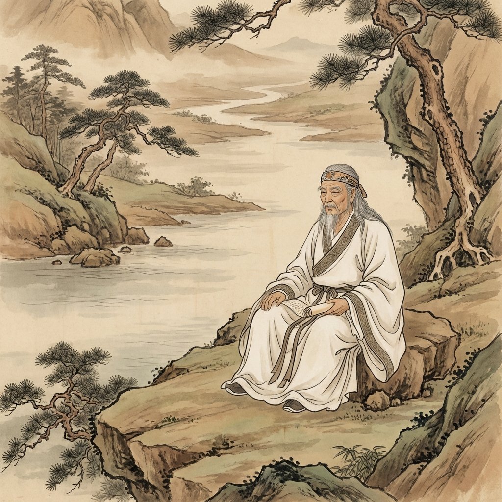 An older ancient Chinese scholar general with grey hair looking at a calm river landscape, wearing white silk robes, peaceful atmosphere, traditional landscape painting style, 1:1 aspect ratio, no text.