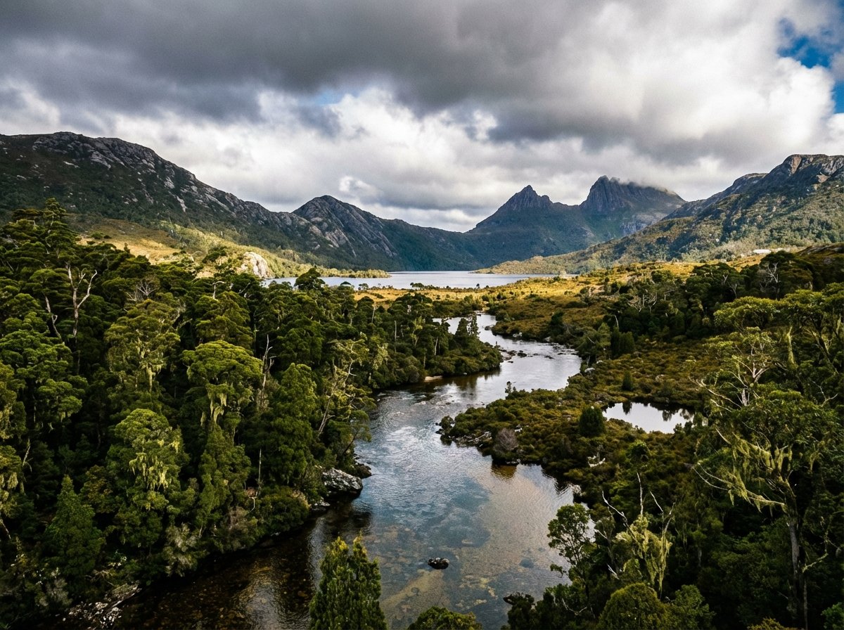 Panoramic view of the Tasmanian Wilderness World Heritage Area, lush temperate rainforest, rugged mountain peaks, crystal clear rivers, high contrast, wide angle, 4:3, no text