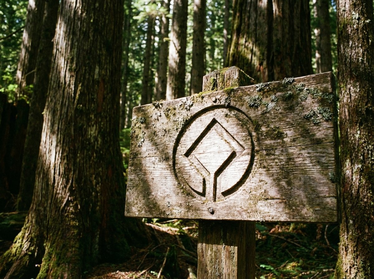 A wooden sign with the UNESCO World Heritage logo in a natural forest setting, sunlight filtering through trees, realistic photography, 4:3, no text