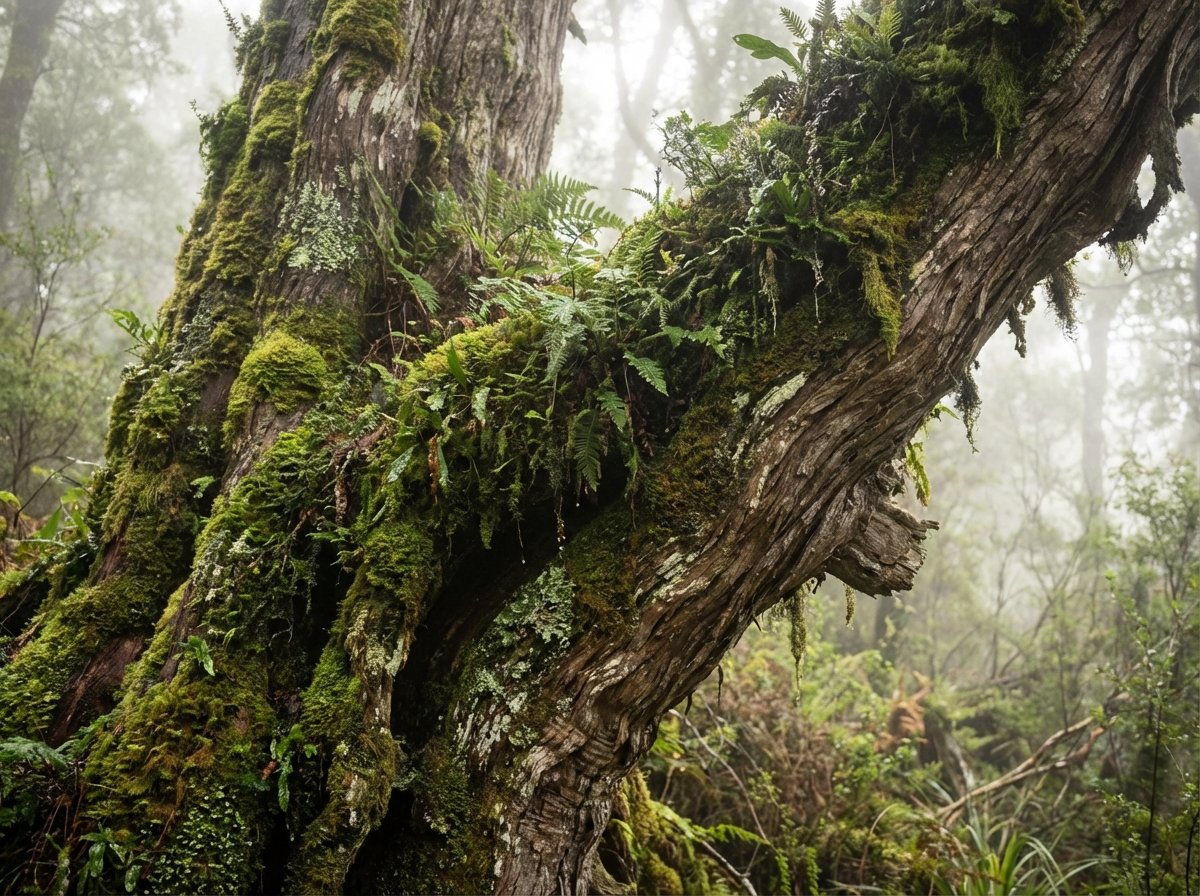 Close-up of a moss-covered ancient Huon pine tree in a misty Tasmanian temperate rainforest, vibrant greens, textured bark, artistic nature photography, 4:3, no text