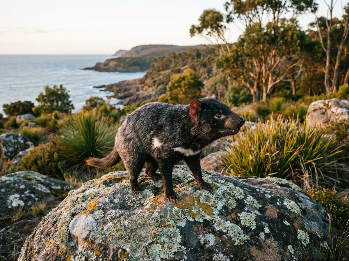 A Tasmanian Devil standing on a rock in its natural habitat, realistic animal photography, evening light, 4:3, no text