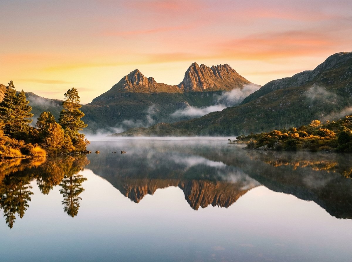 Iconic view of Cradle Mountain reflected in the calm waters of Dove Lake at sunrise, golden hour lighting, peaceful landscape, 4:3, no text