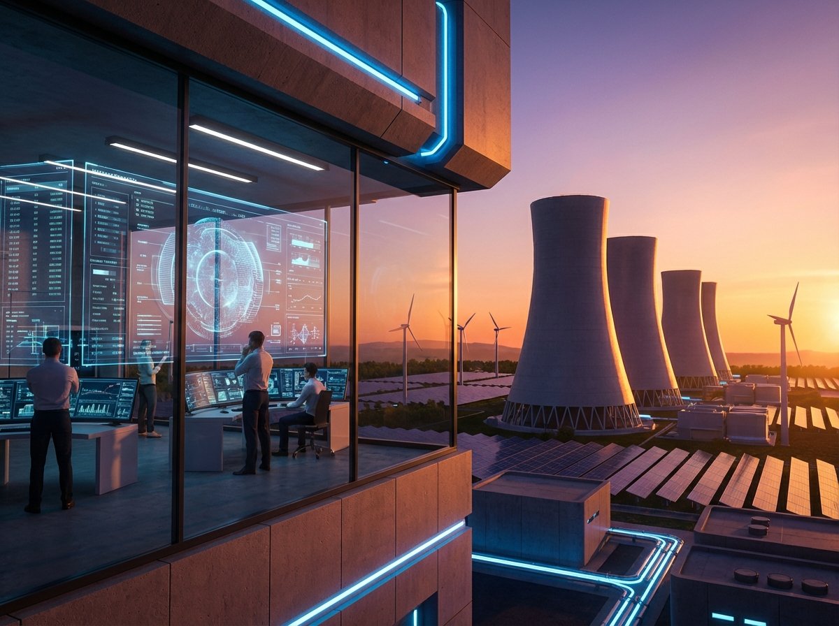 A modern nuclear power plant with high-tech monitoring systems, cooling towers in the distance, clean energy concept, sunset lighting, high contrast, 4:3, no text
