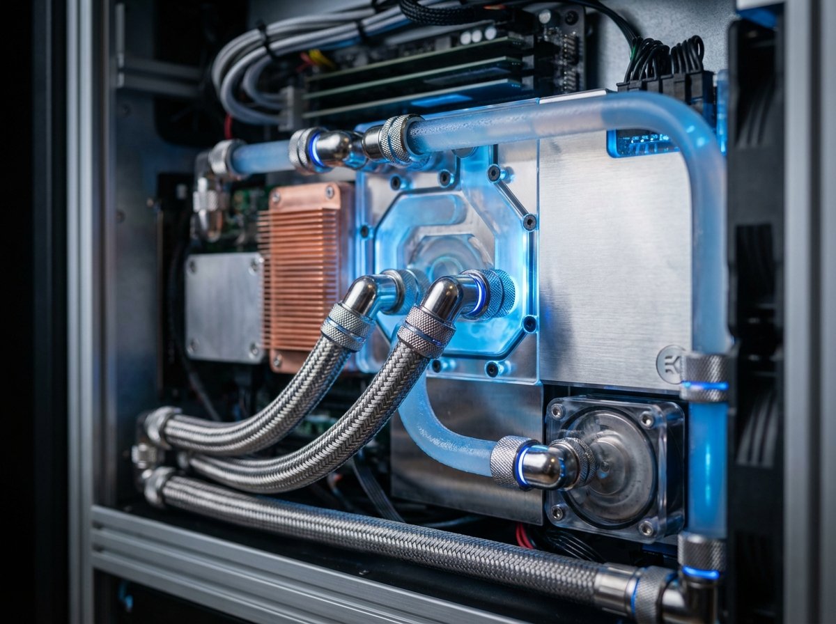 Close-up of a high-tech liquid cooling system inside a server rack, glowing pipes with blue coolant, intricate metal components, macro photography style, 4:3, no text
