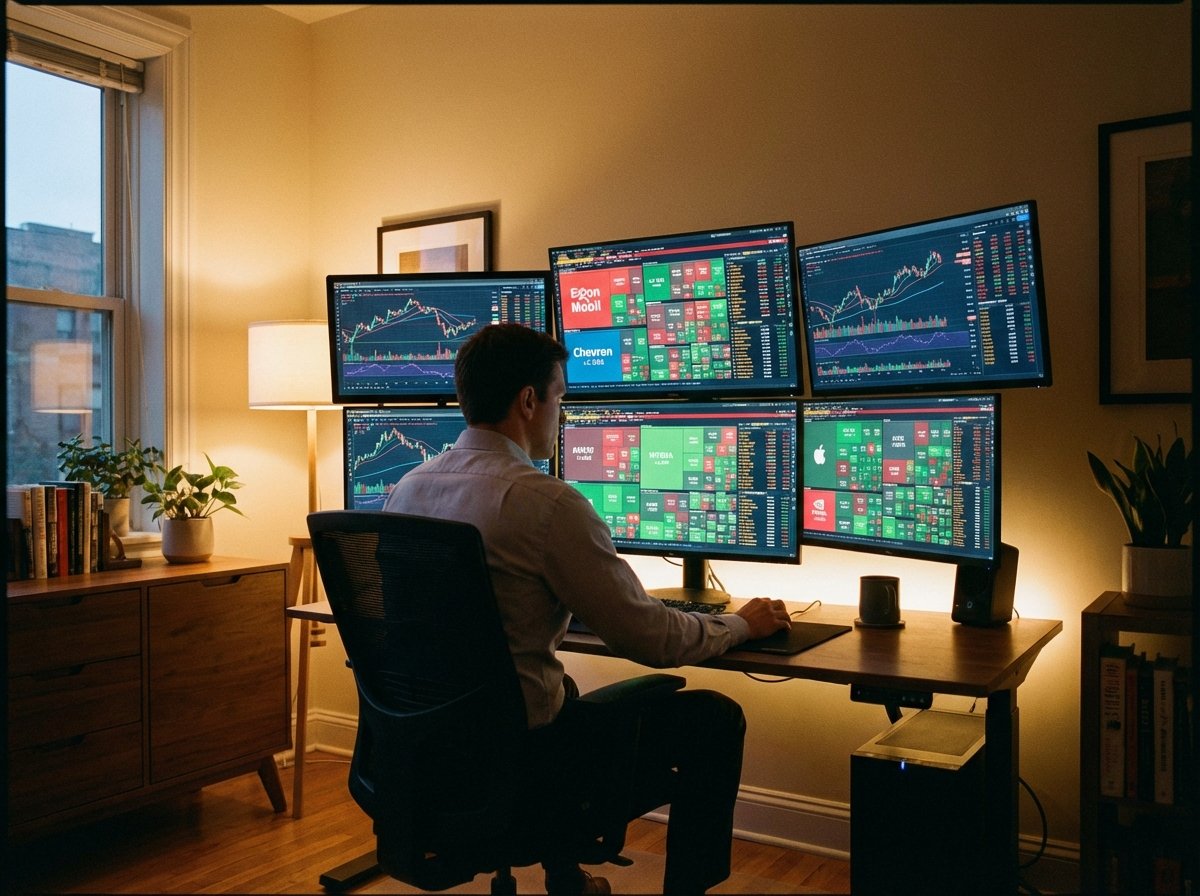Professional financial analyst workspace with multiple screens showing stock market charts, focused on energy and tech sectors, warm interior lighting, 4:3, no text