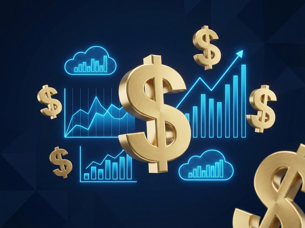 A modern 3D rendering of floating gold dollar signs and glowing blue digital data charts representing financial gains. The style is clean and professional with a dark navy blue background. No text. Aspect ratio 4:3.