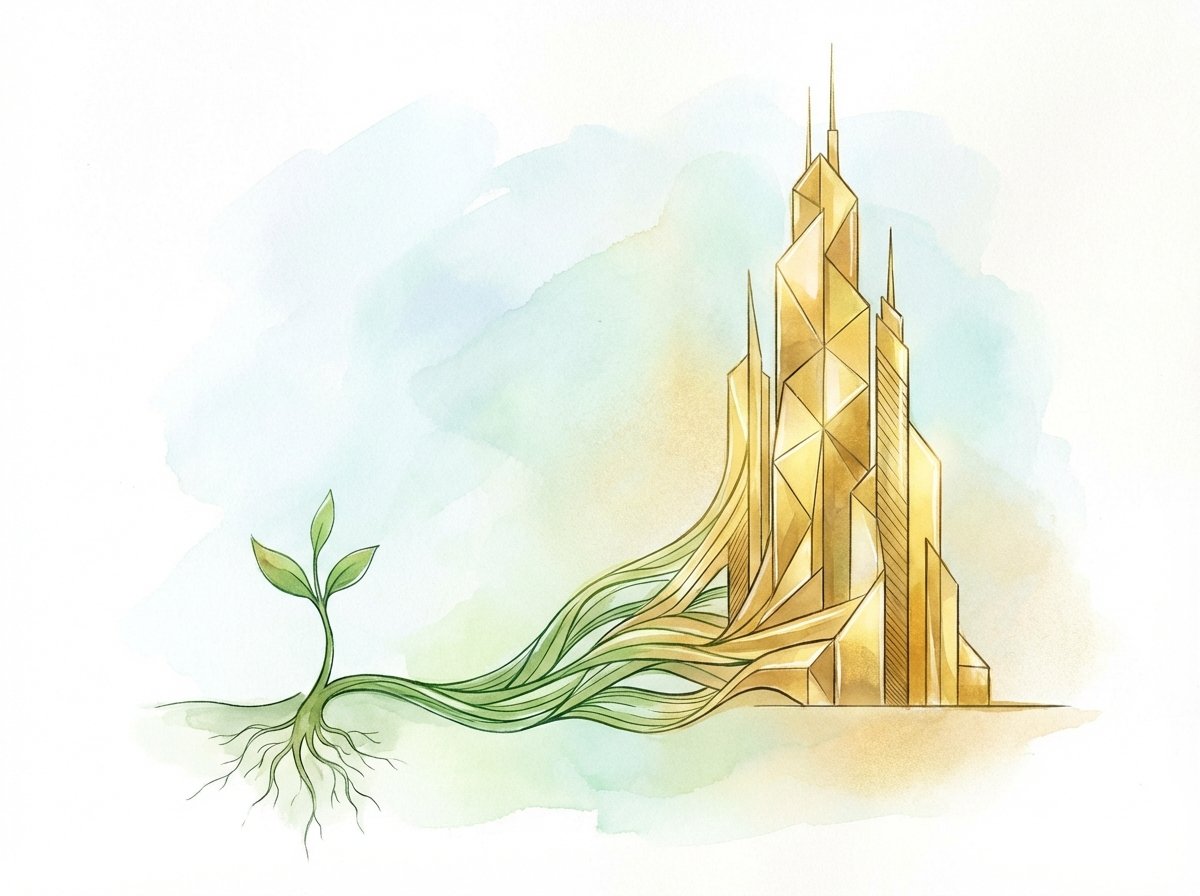 An artistic illustration showing a transformation from a simple green sprout representing a non-profit to a complex golden skyscraper representing a for-profit corporation. The background uses soft lighting and a clean minimalist aesthetic. No text. Aspect ratio 4:3.