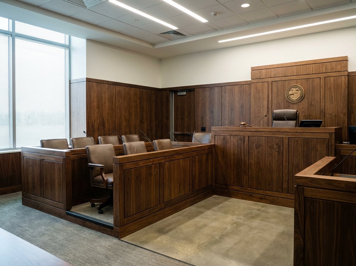A realistic interior view of a modern American courtroom, focusing on the jury box and the judge's bench. The wood textures are rich and the lighting is formal and bright. Empty but professional atmosphere. No text. Aspect ratio 4:3.