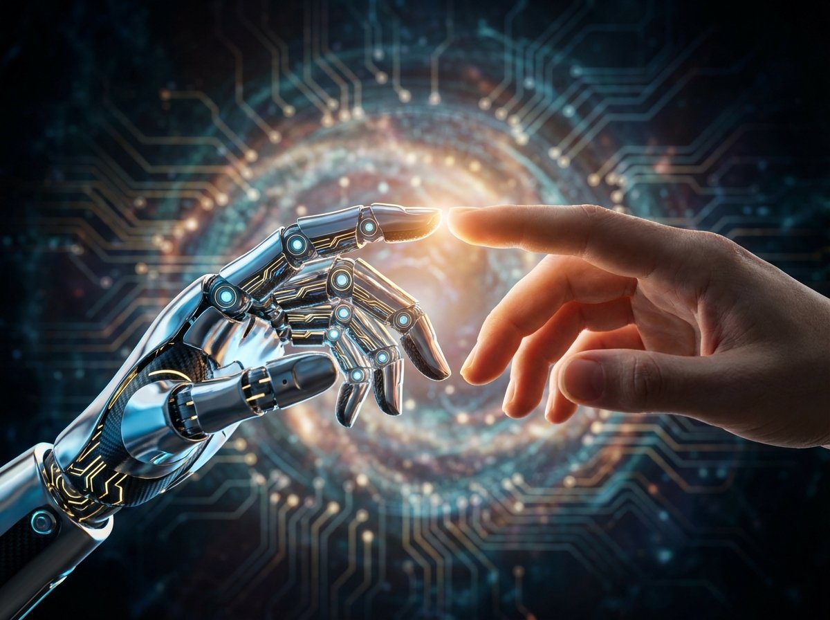 A futuristic 3D close-up of a high-tech robotic hand reaching out toward a human hand, with glowing circuit patterns on the background. Soft focus on the point of contact. High contrast and cinematic lighting. No text. Aspect ratio 4:3.