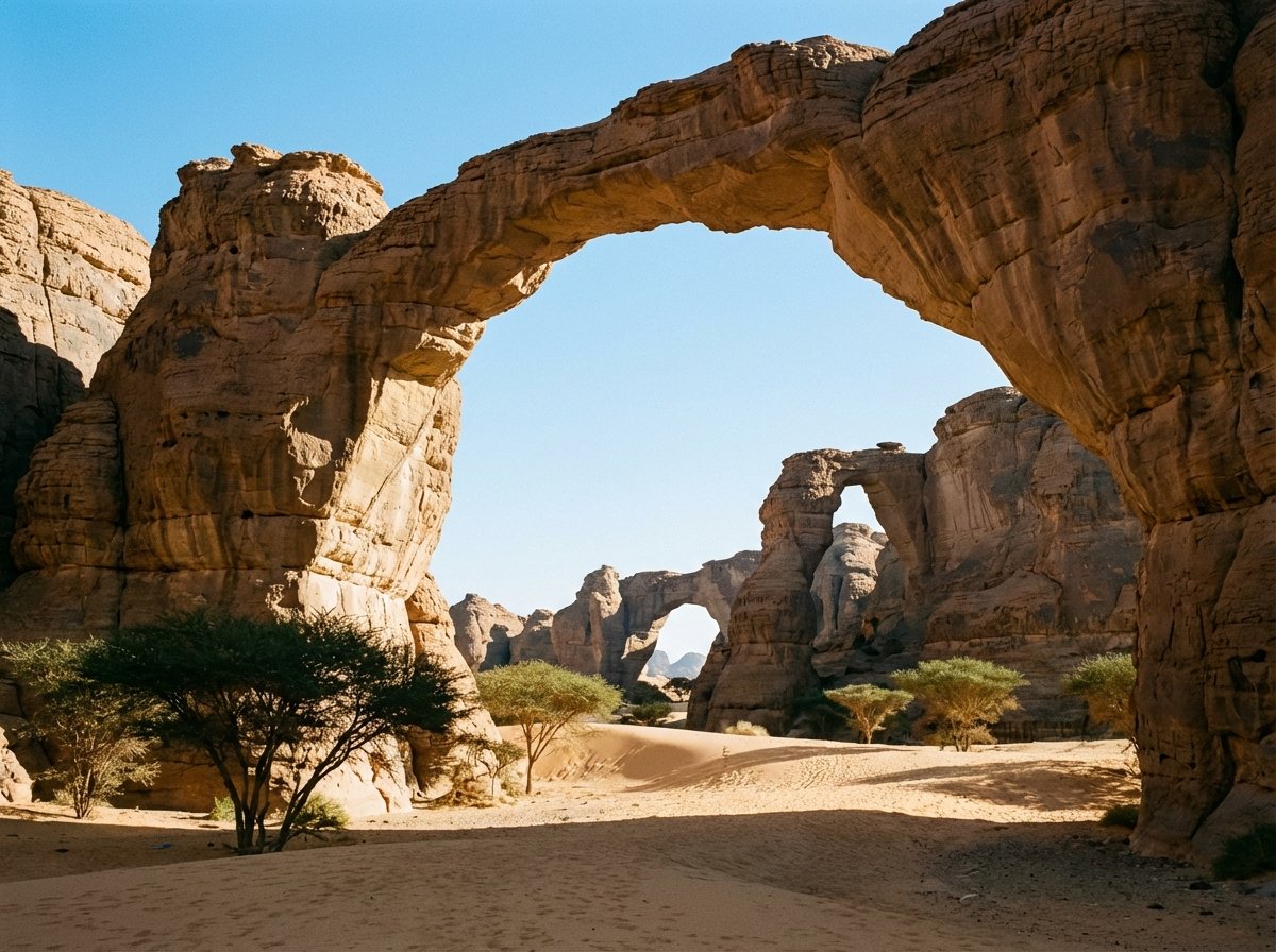 Scenic view of the Tassili n'Ajjer sandstone rock formations and arches under a clear blue desert sky, cinematic wide shot, natural lighting, 4:3 ratio, no text.