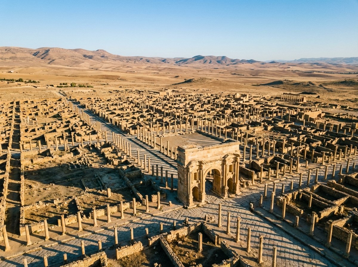 High-angle wide shot of the ancient Roman ruins of Timgad in Algeria, showing the distinct orthogonal grid layout of stone streets and columns under a clear blue sky, desert landscape in the background, cinematic lighting, 4:3 aspect ratio, no text.