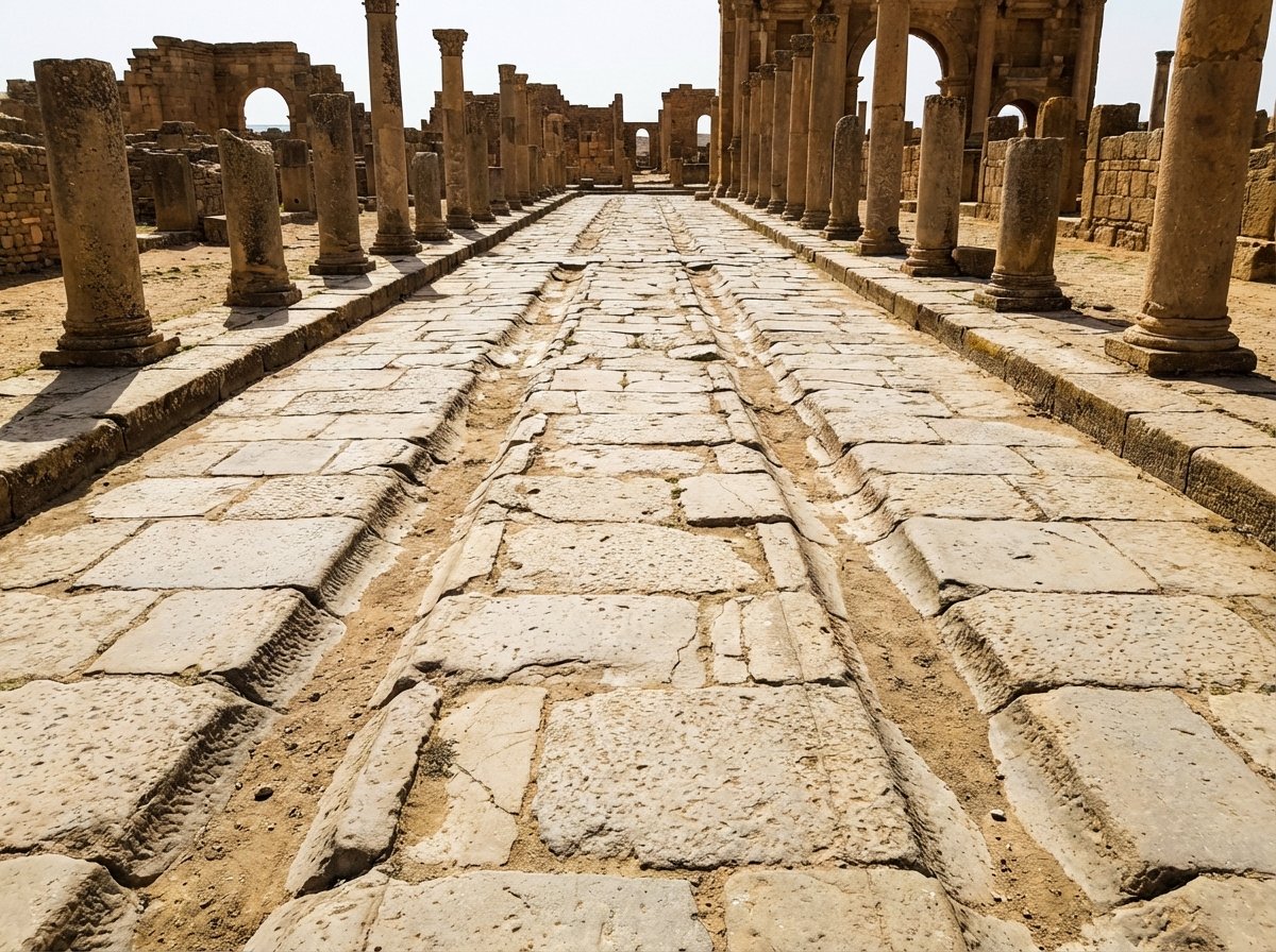 Ground-level view of an ancient Roman stone street in Timgad, straight stone pavement with chariot track marks, rows of weathered columns lining the road, bright sunlight, realistic textures, 4:3 aspect ratio, no text.