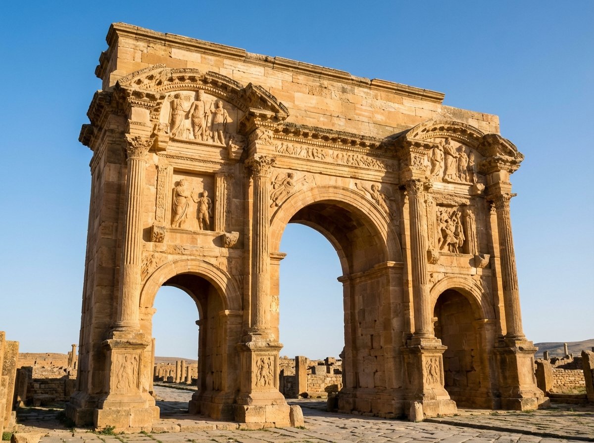 Majestic Arch of Trajan in Timgad, sandstone Roman triumphal arch with three openings, detailed carvings, clear sky in the background, historical atmosphere, 4:3 aspect ratio, no text.