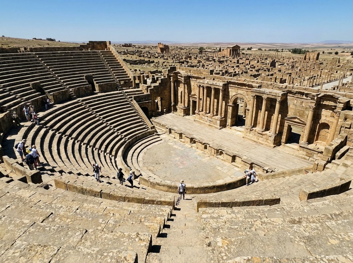 Ancient Roman theater in Timgad, semicircular stone seating tiers built into a hillside, view looking down toward the stage area, ruins in the distance, blue sky, 4:3 aspect ratio, no text.