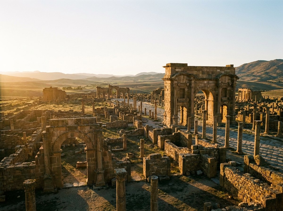 Cinematic sunset view over the ruins of Timgad, long shadows cast by ancient columns and walls, golden light illuminating the stone structures, vast archaeological site, 4:3 aspect ratio, no text.