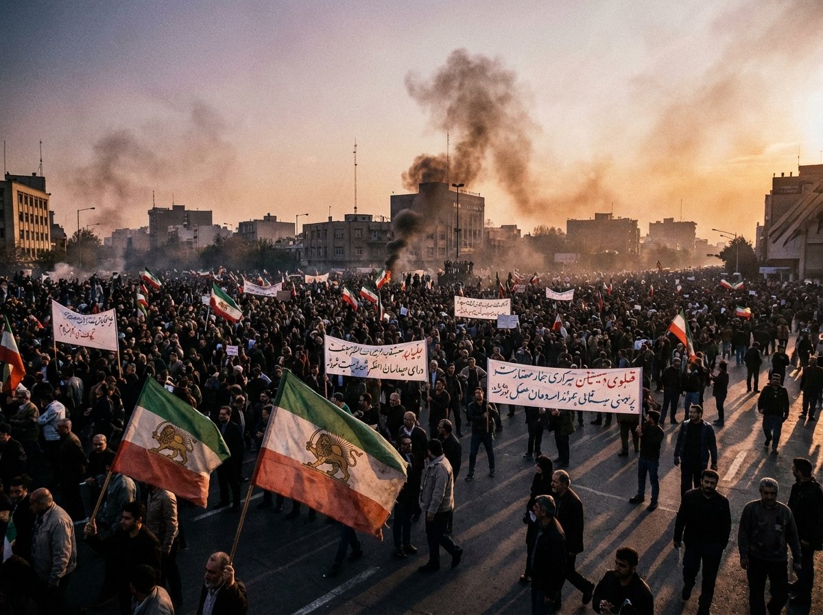 A wide angle cinematic shot of a large protest in Tehran at sunset, people holding old Iranian flags and banners, smoke rising from a distance, dramatic atmosphere, historical struggle feel, realistic photography, high contrast, 4:3, no text