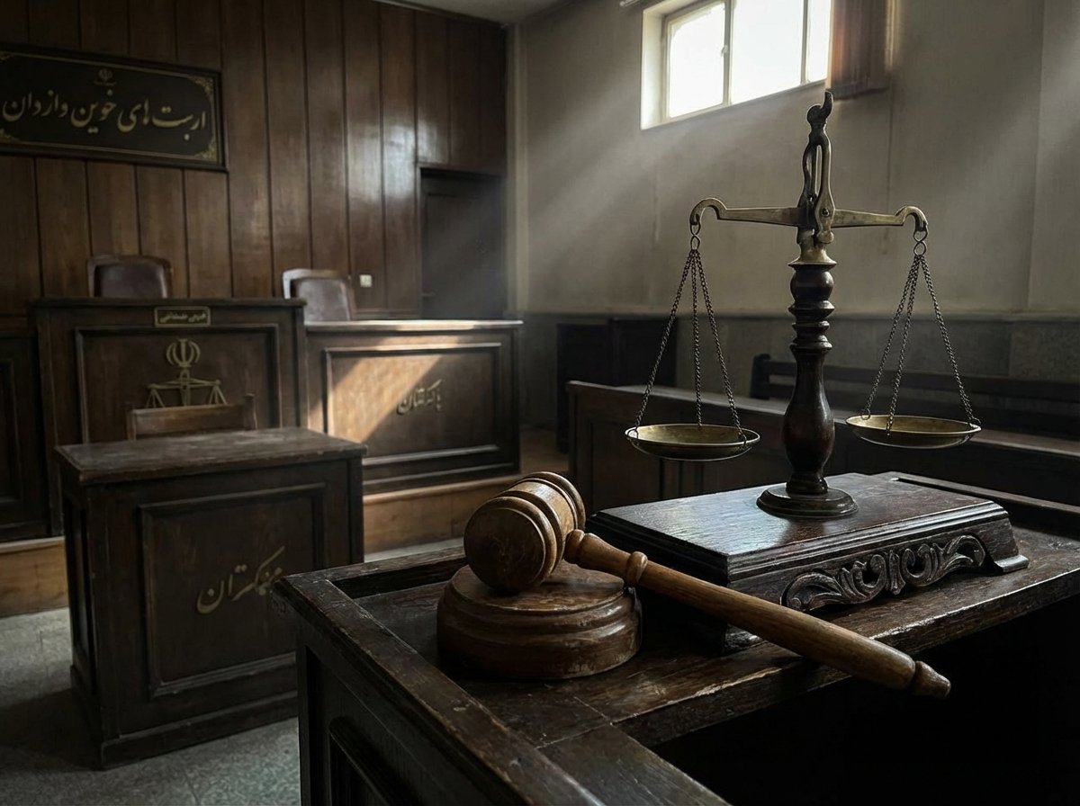 Inside a somber Iranian courtroom, focus on a wooden gavel and the scales of justice, dark wood textures, atmospheric lighting, symbolic of legal tension, professional photography, 4:3, no text