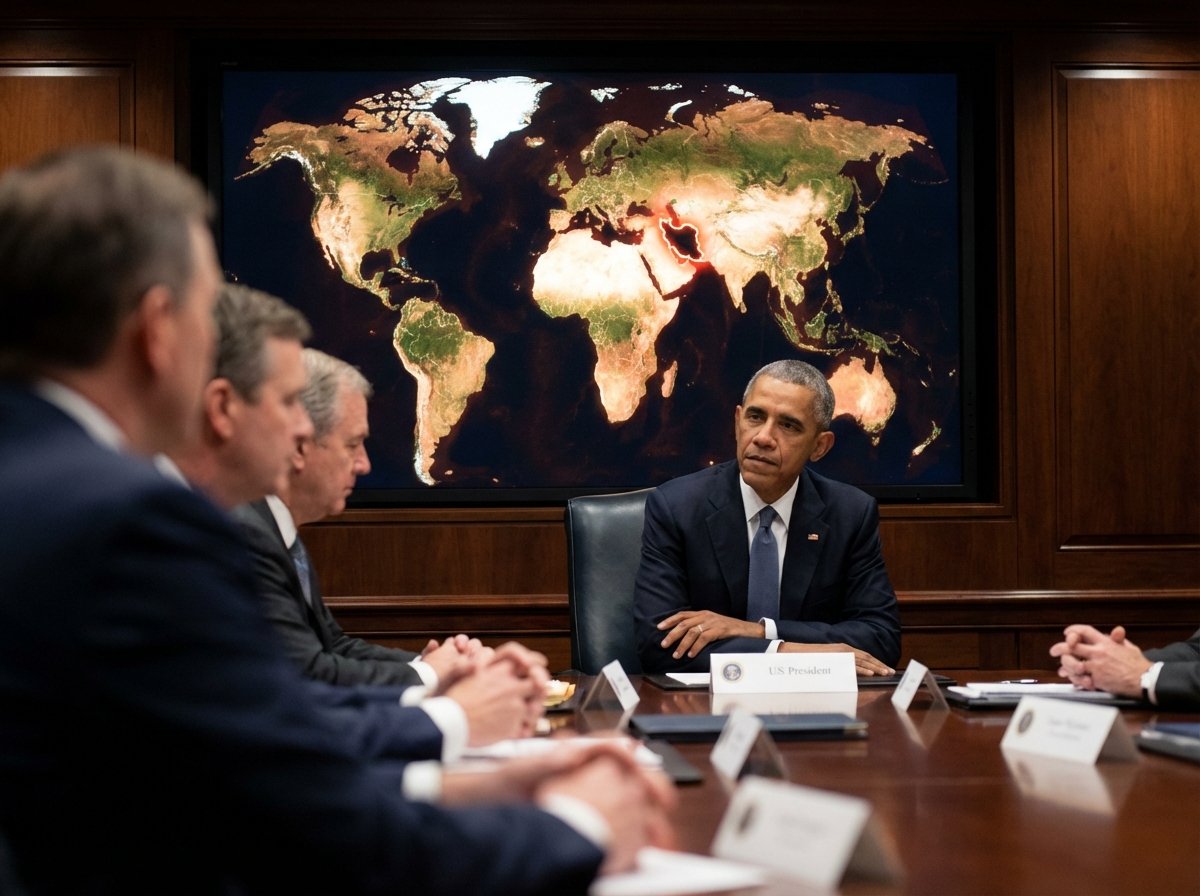 A conceptual image of the US President in a diplomatic setting, world map in the background with Iran highlighted, soft dramatic lighting, professional news style, 4:3, no text