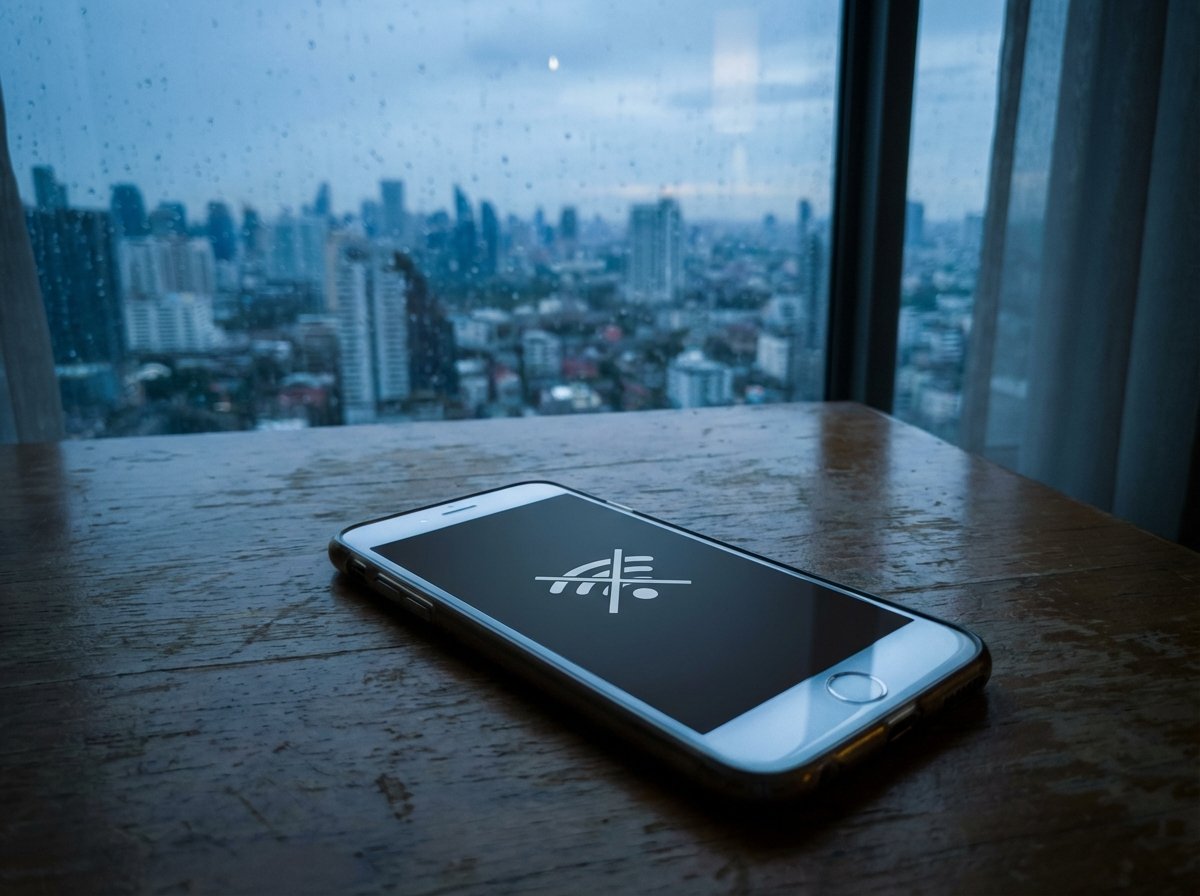 A smartphone screen showing a No Connection icon on a wooden table, blurred view of a city through a window in the background, cool lighting, digital isolation theme, realistic, 4:3, no text