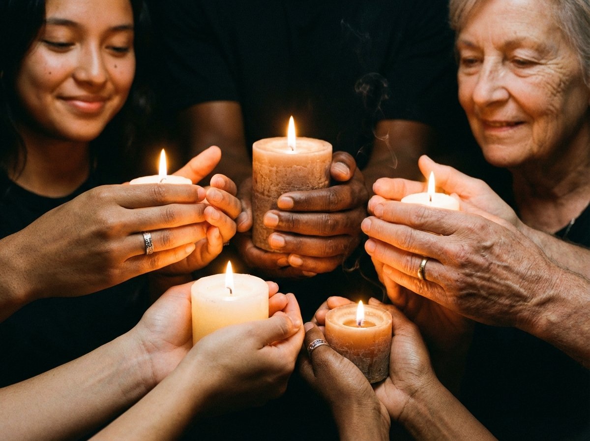 Close up of diverse hands holding glowing candles in the dark, warm candlelight reflecting on skin, peaceful and hopeful atmosphere, high detail, realistic, 4:3, no text