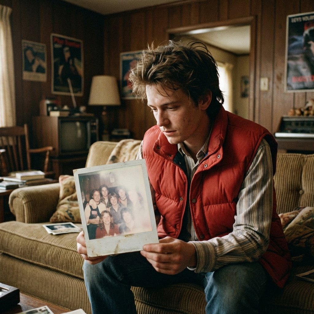A realistic cinematic shot of a young man in a 1980s red puffer vest holding a vintage polaroid photo, where people in the photo are slowly fading away into white emptiness, indoor setting, 1:1 aspect ratio, no text