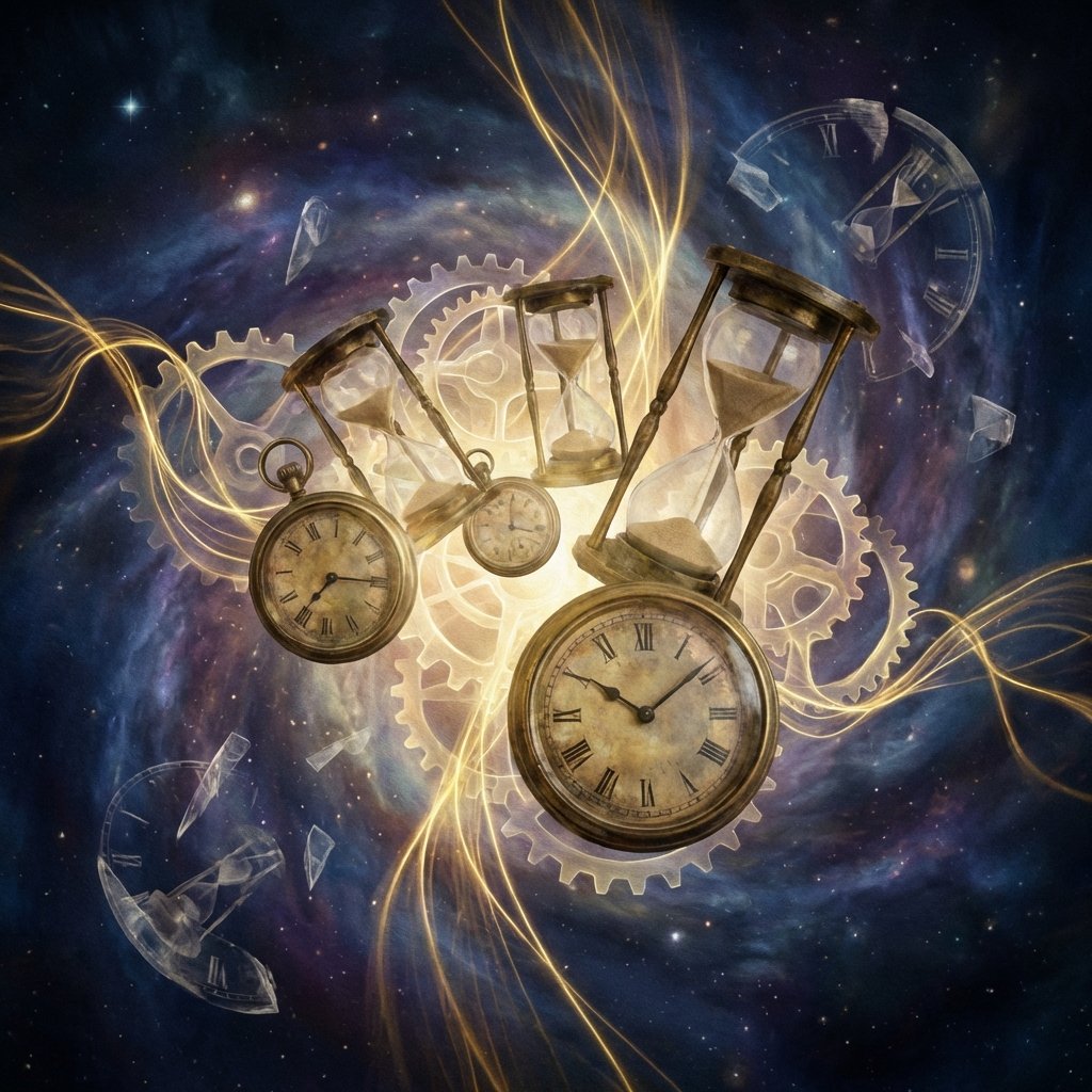 Conceptual art of time paradox, glowing golden lines weaving through floating vintage clocks and hourglasses, dark cosmic background, artistic rendering, 1:1 aspect ratio, no text