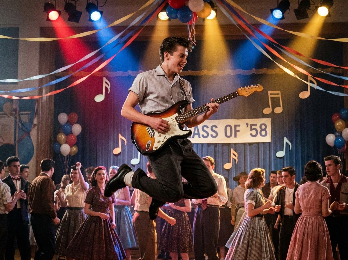 A teenage boy playing an electric guitar energetically on a 1950s high school dance stage, colorful spotlight, vintage prom decorations in background, lively atmosphere, 4:3 aspect ratio, no text