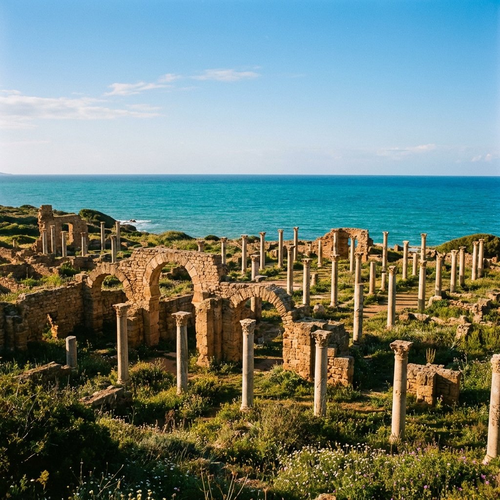 An expansive view of the ancient ruins of Tipasa in Algeria with the turquoise Mediterranean Sea in the background under a clear blue sky, Roman stone columns and walls, cinematic lighting, high resolution, aspect ratio 1:1, no text