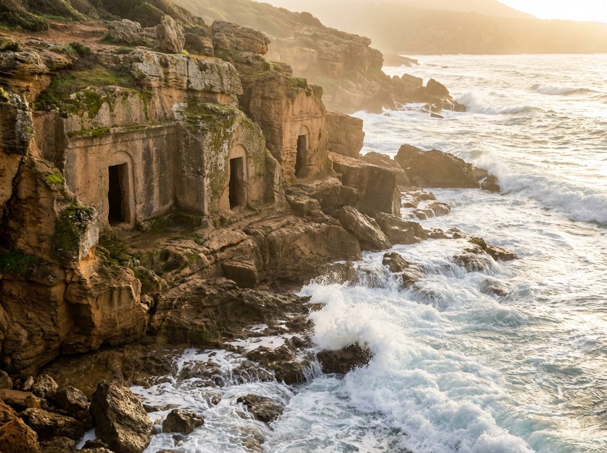 Ancient Punic tombs carved into the rocky coast of Tipasa, waves crashing against the shore, historical landmark, natural light, realistic photography, aspect ratio 4:3, no text