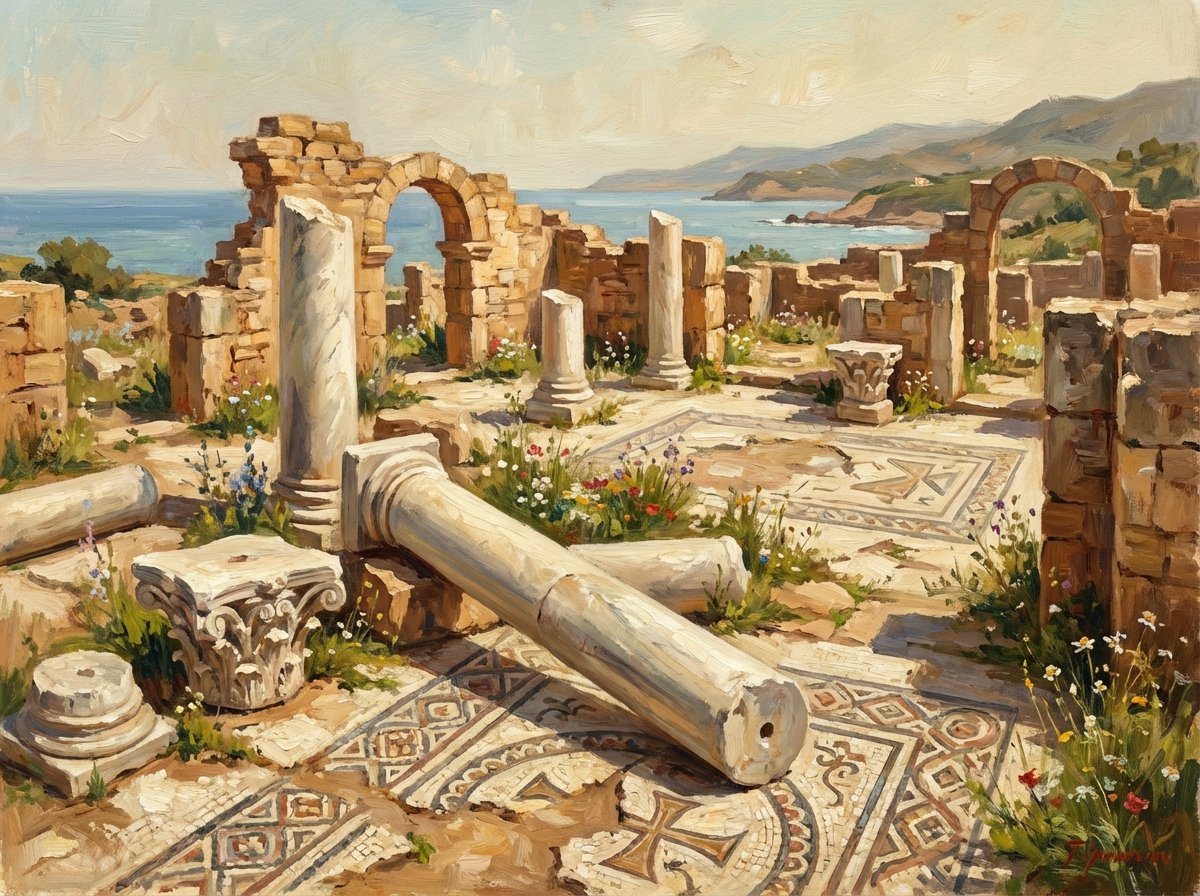 Remains of an early Christian basilica in Tipasa, fallen marble columns and mosaic floor fragments, historical atmosphere, artistic rendering, aspect ratio 4:3, no text