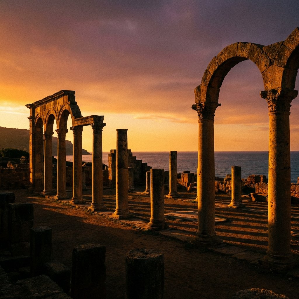 Golden hour sunset lighting up the ancient Roman columns in Tipasa, warm glow, historical ruins silhouette against the sea, cinematic atmosphere, high contrast, aspect ratio 1:1, no text
