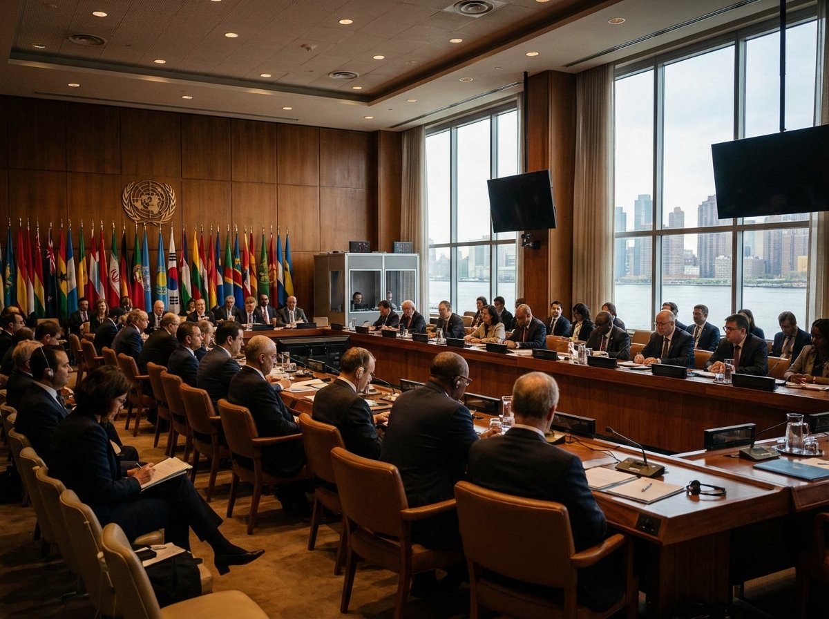 Professional board room meeting at the United Nations headquarters in New York, high-end diplomatic setting with world flags and modern international organization interior, realistic photography, cinematic lighting, 4:3 aspect ratio, no text.