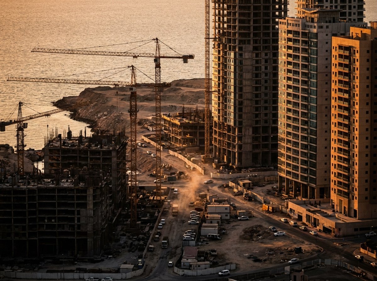 Modern reconstruction site in a coastal middle eastern city, large cranes and new residential buildings under construction, sunset lighting, high contrast, realistic cinematic photography, 4:3 aspect ratio, no text.