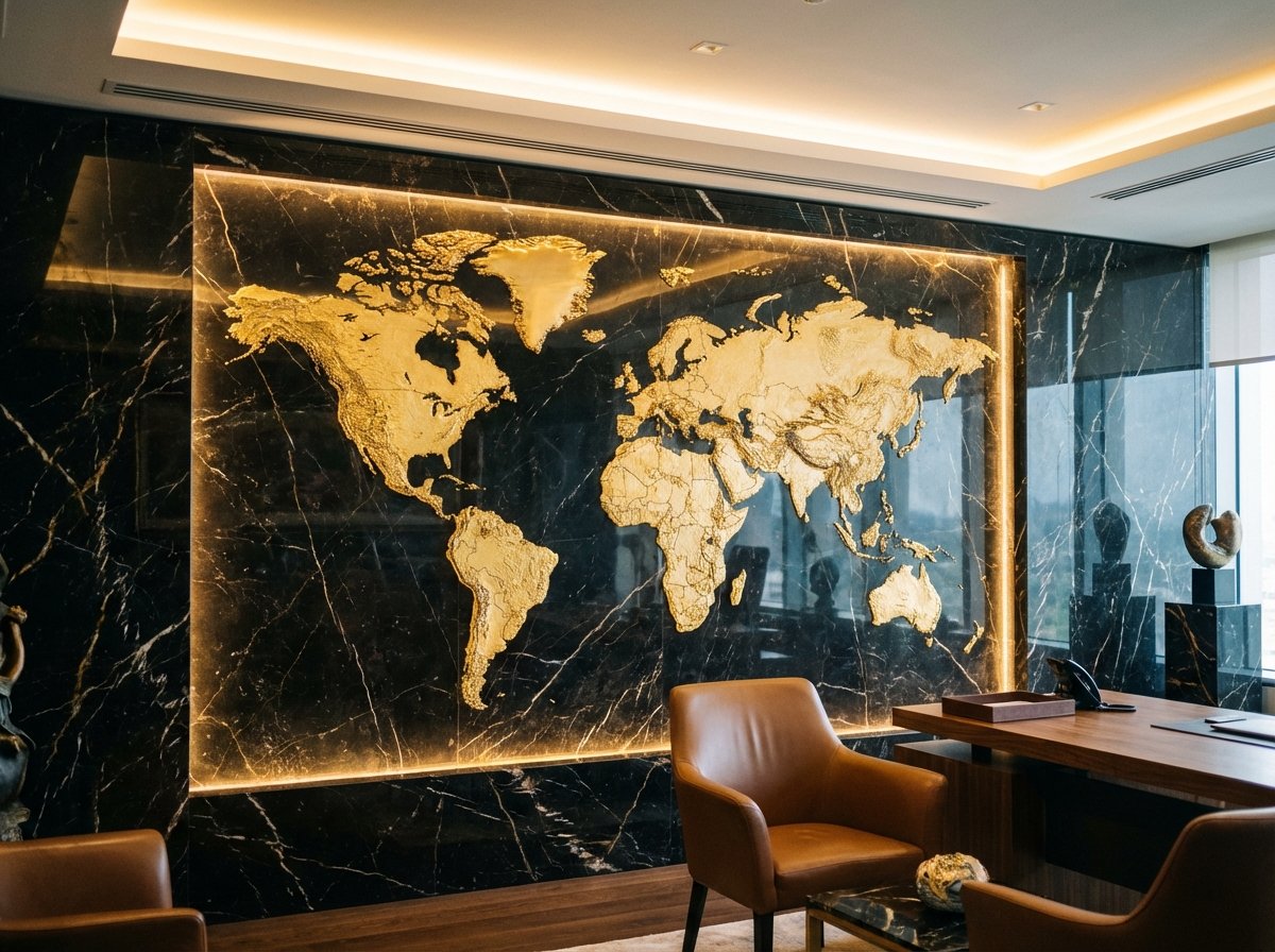 A luxurious golden map of the world displayed on a polished dark marble wall inside a modern diplomatic office, soft warm lighting, detailed texture, elegant atmosphere, 4:3 aspect ratio, no text.