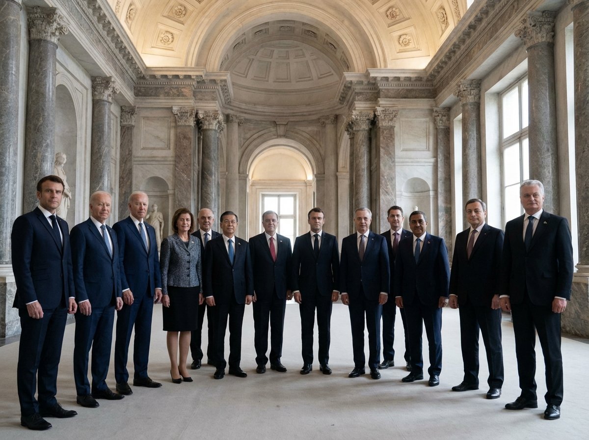 A group of diverse international leaders in formal business attire standing together in a grand neoclassical hall, professional and serious atmosphere, realistic photography, balanced lighting, 4:3 aspect ratio, no text.