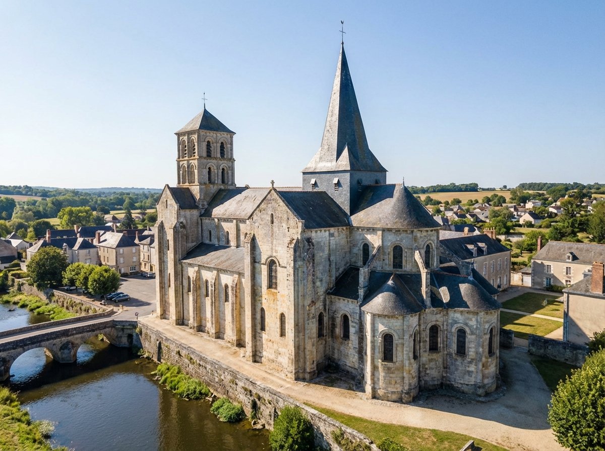 Exterior view of the Abbey Church of Saint-Savin sur Gartempe in France, Romanesque architecture, medieval stone building with a tall spire, sunlight reflecting on the stone, river Gartempe nearby, 4:3 aspect ratio, no text, realistic photography
