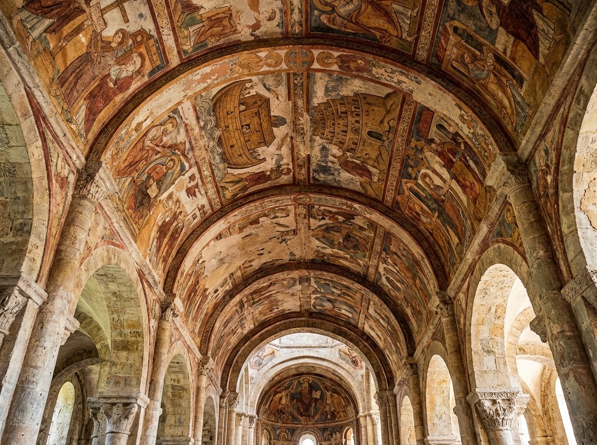 Detailed view of 11th-century Romanesque ceiling murals inside Abbey Church of Saint-Savin, depicting biblical scenes, earth tones like ochre and terracotta, weathered texture, artistic rendering, 4:3 aspect ratio, no text