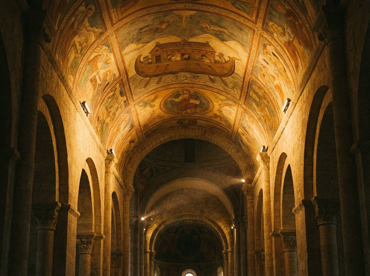 Modern lighting illuminating the ancient murals on the vaulted ceiling of Saint-Savin Abbey, golden warm light, textured stone walls, atmospheric and artistic composition, 4:3 aspect ratio, no text