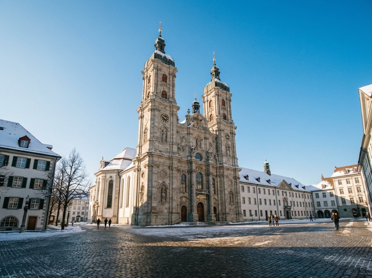 A majestic wide-angle shot of the Abbey of St Gall in Switzerland under a clear blue winter sky. The baroque architecture features intricate stone carvings and twin towers. The surrounding plaza is clean with a touch of historic European charm. 4:3 aspect ratio, cinematic lighting, no text.