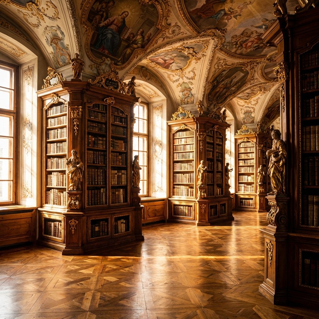 Interior of the Abbey of St Gall Library, stunning Rococo style, ornate wooden bookshelves, breathtaking ceiling frescoes, intricate wooden floor patterns. High contrast, warm lighting, historical atmosphere. 1:1 aspect ratio, no text.