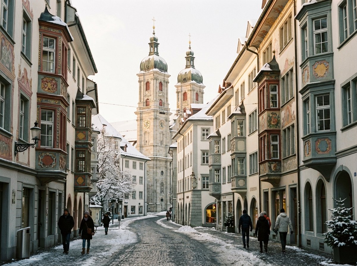 A charming street view of St Gallen old town in Switzerland, traditional colorful oriel windows, cobblestone streets leading towards the Abbey towers. Soft afternoon light, snowy winter vibe. 4:3 aspect ratio, no text.