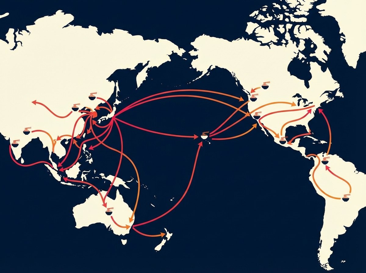 A clean infographic showing a stylized world map with vibrant red and orange paths originating from South Korea, symbolizing the global export of instant noodles, modern layout, high contrast, 4:3, no text