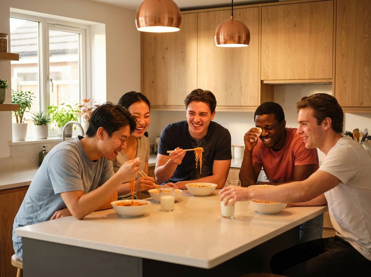 A group of diverse young people in a modern kitchen laughing and trying spicy Korean instant noodles, lifestyle photography, warm lighting, natural setting, 4:3, no text