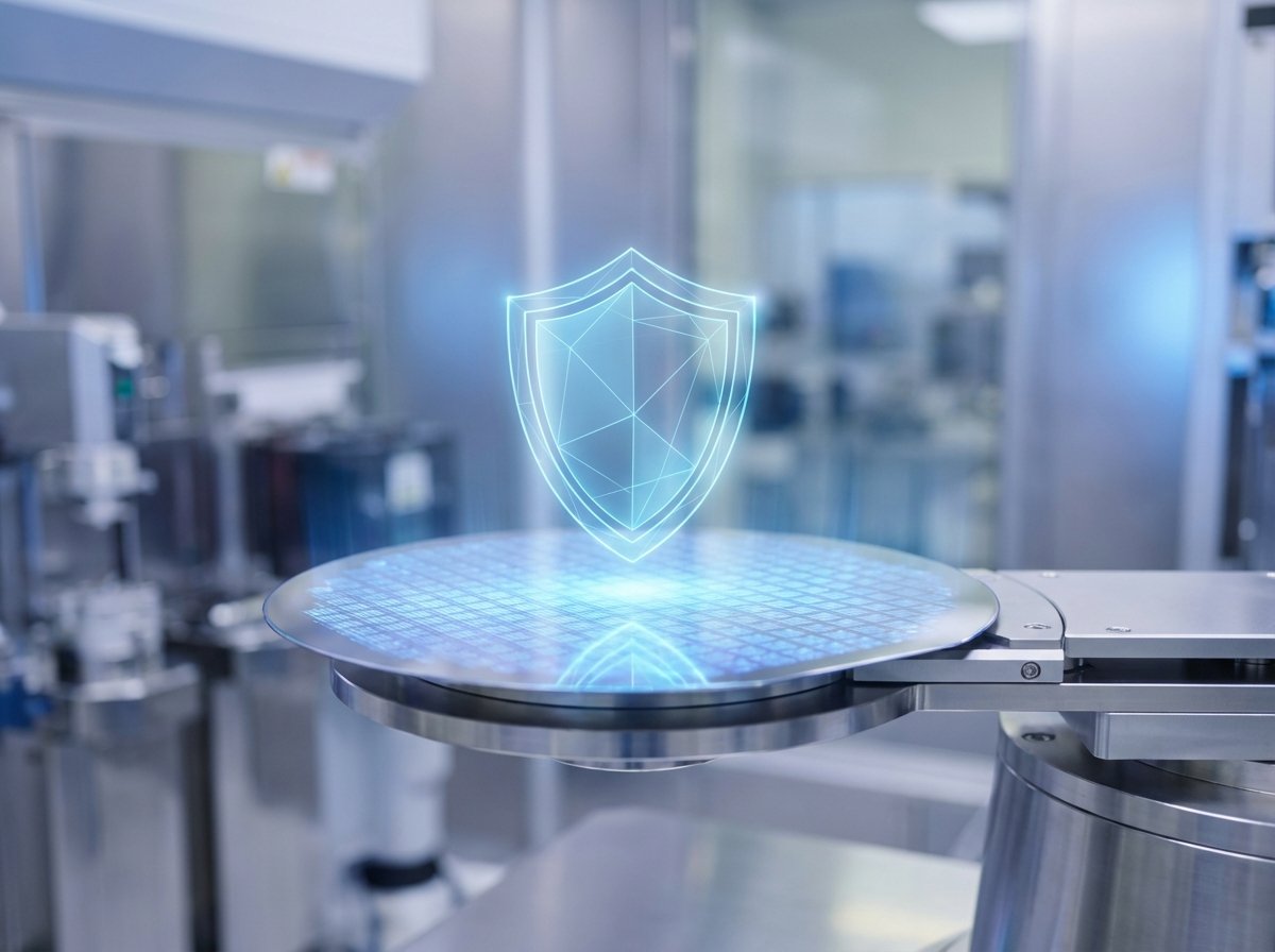 A futuristic silicon wafer glowing with blue light, overlaid with a translucent digital shield icon, high-tech semiconductor industry concept, 4:3 aspect ratio, no text, clean composition